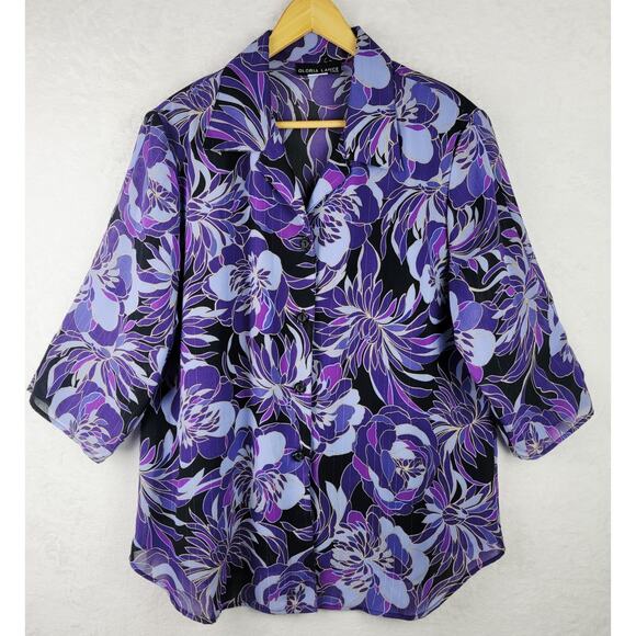 Whimsical 2X Button Top Tank Combo 3/4 Sleeve Purple Floral Casual Cottagecore - Picture 2 of 9